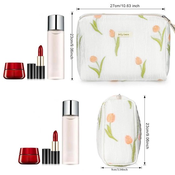 Women Kawaii Floral Cosmetic Large Travel Toiletry Cosmetic Pouch Creamy Tulip - Picture 2 of 7